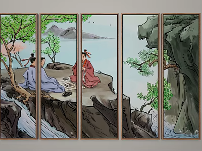 Traditional Chinese Painting Screen With Two People Playing Chess On Cliff Mountain Waterfall And Trees 3d model