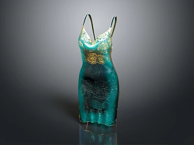Teal Spaghetti Strap Dress With Gold Decorative Lace And Elegant Pattern Design 3d model