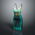 Teal Spaghetti Strap Dress With Gold Decorative Lace And Elegant Pattern Design