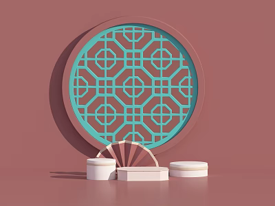 Circular Decorative Item with Blue Geometric Pattern on Pink Background and White Base 3d model