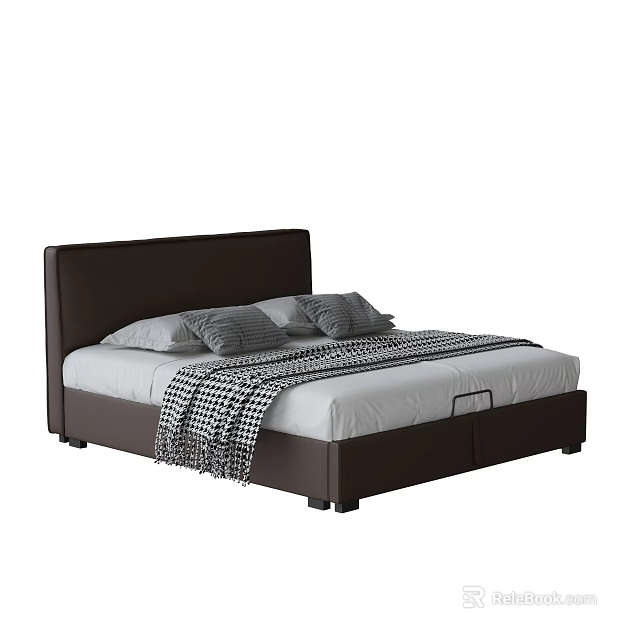 Modern Double Bed With Brown Leather Headboard Pillows And Checkered Blanket 3d model