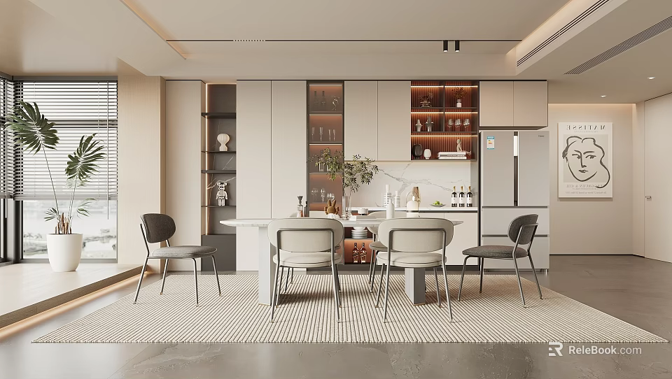 Modern Restaurant Interior Design With Dining Table Chairs Cabinets And Potted Plants 3d model