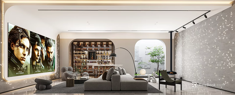 Modern Lounge Room Interior With Gray Sofa Wine Rack And Arched Window 3d model