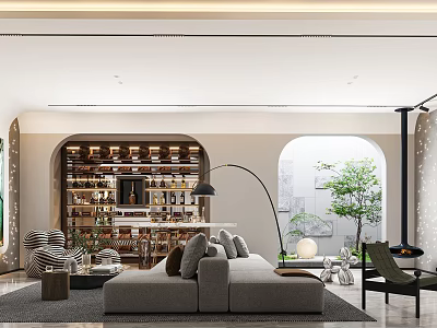 Modern Lounge Room Interior With Gray Sofa Wine Rack And Arched Window 3d model