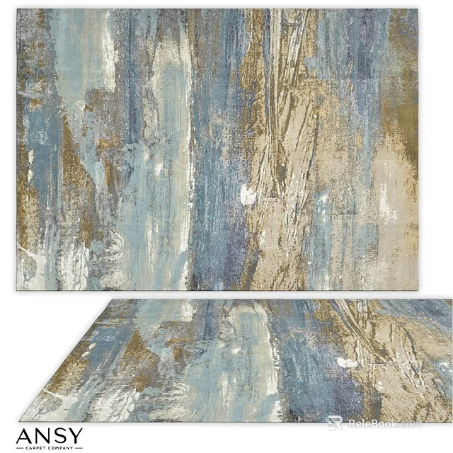 Modern Abstract Square Rug With Blue Beige Gold Textured Artistic Design For Living Room 3d model 