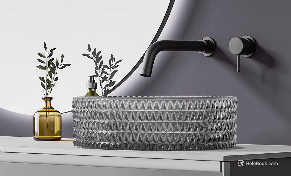 Diamond Textured Glass Washbasin With Black Faucet Green Plants Yellow Bottle And Round Mirror 3d model 