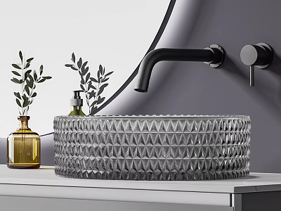 Diamond Textured Glass Washbasin With Black Faucet Green Plants Yellow Bottle And Round Mirror 3d model