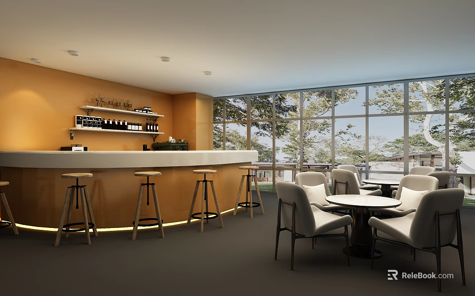 Modern Cafe Interior With Orange Bar Wine Bottles High Stools Round Tables And Window Trees 3d model 