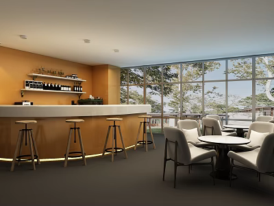 Modern Cafe Interior With Orange Bar Wine Bottles High Stools Round Tables And Window Trees 3d model