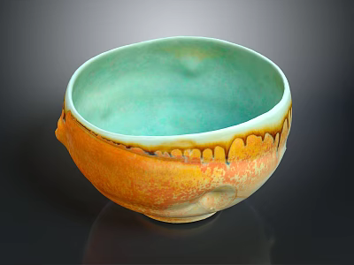 Carved Ceramic Bowl Sculpture With Orange Green Glazed Surface And Textured Design 3d model