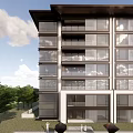 Modern Multi Story Residential Building Exterior With Glass Windows Balconies And Landscaped Water Feature Garden