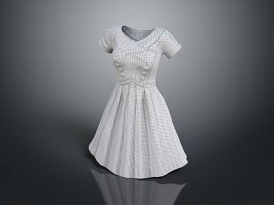 White Short Sleeve Pleated Dress With Feminine Design And Decorative Details 3d model