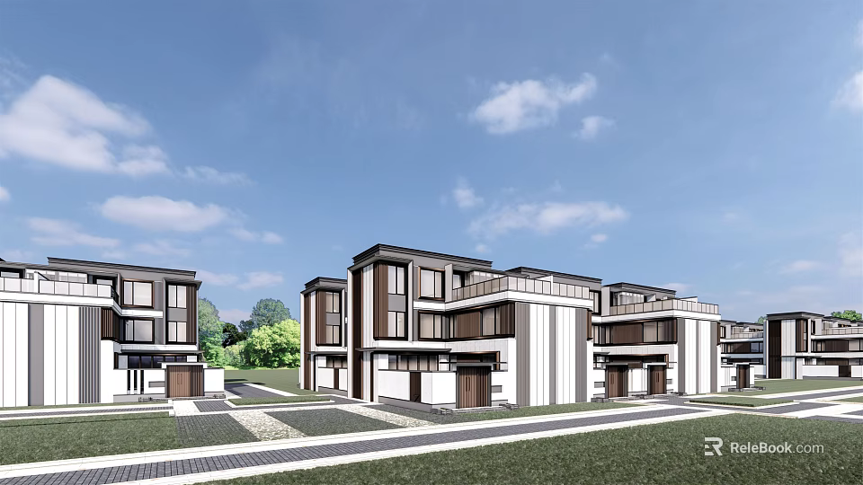 Modern Townhouse Exterior Design With Multiple Floors Balconies And Greenery 3d model 