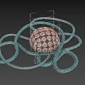 Biological Microorganism Structure Featuring Red Spherical Form Circular Patterns And Light Blue Coiled Appendages