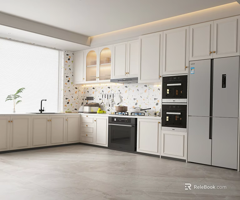 Modern Kitchen Interior With White Cabinets Colorful Mosaic Tiles Black Oven Silver Refrigerator And Blinds 3d model 