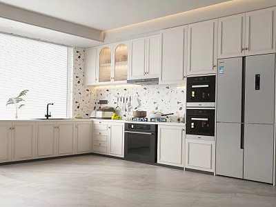 Modern Kitchen Interior With White Cabinets Colorful Mosaic Tiles Black Oven Silver Refrigerator And Blinds 3d model