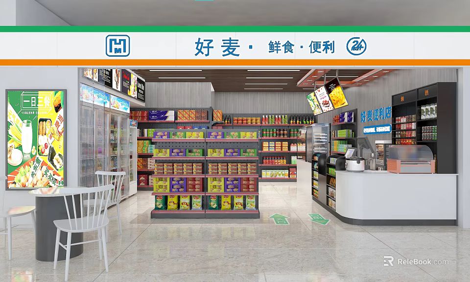 Convenience Supermarket Interior With Fresh Food Shelves Refrigerators And Checkout Counter 3d model 