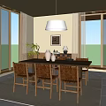 Cozy Restaurant Dining Space With Wooden Chairs White Pendant Light Geometric Painting And Green Plant