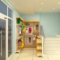 Bright Retail Store Interior With Shelves Full Of Various Products And Colorful Ceiling Decor
