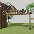 Rustic Wooden Entrance Gate for Beautiful Rural Village with Green Trees and Arch Roof