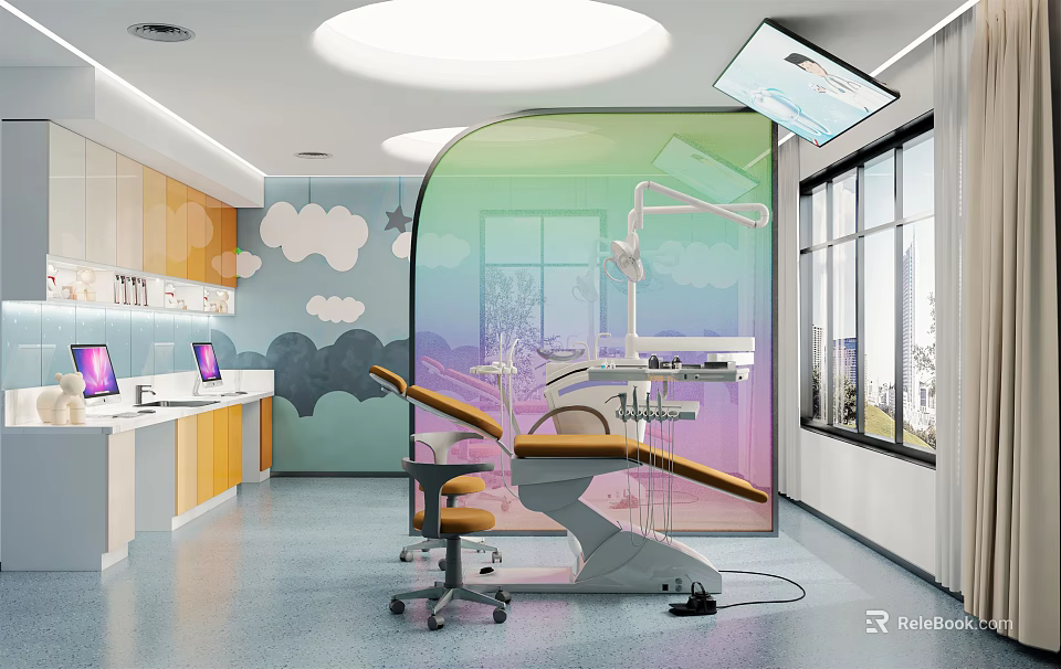 Hospital Outpatient Dental Treatment Room Featuring Cloud Decorations Rainbow Partition Dental Chair And Computer Workstations 3d model 