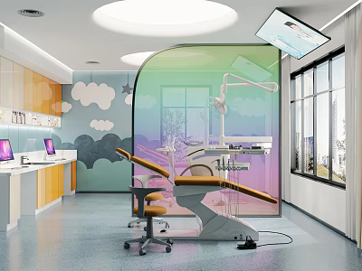 Hospital Outpatient Dental Treatment Room Featuring Cloud Decorations Rainbow Partition Dental Chair And Computer Workstations 3d model