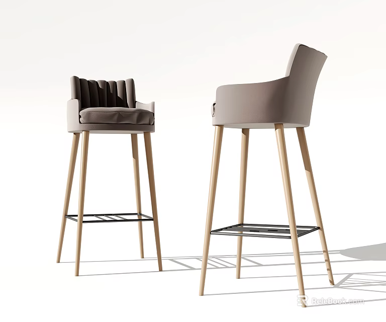 Modern Bar Stools With Wooden Legs Upholstered Seats Backrests And Footrests 3d model 