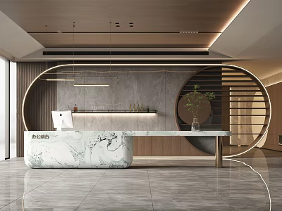 Modern Reception Desk Interior With Curved Design Marble Countertop And Wooden Elements 3d model