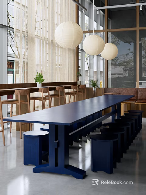 Modern Bar Interior With Blue Long Table Stools Chairs Windows And Potted Plants 3d model