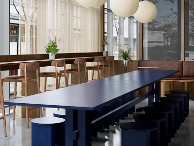 Modern Bar Interior With Blue Long Table Stools Chairs Windows And Potted Plants 3d model