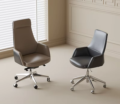 Modern Leather Office Chairs In Black And Brown With Metal Casters Near Window 3d model