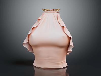 Pink Women's Fashion Top With High Neck Ruffled Details And Golden Trim 3d model