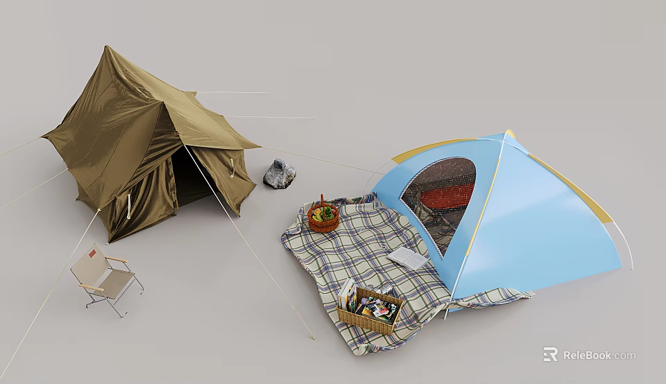 Two Brown and Blue Camping Tents with Plaid Blanket Folding Chair and Basket 3d model 
