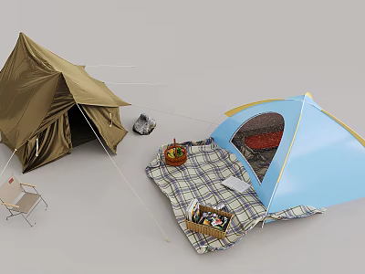 Two Brown and Blue Camping Tents with Plaid Blanket Folding Chair and Basket 3d model