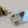 Two Brown and Blue Camping Tents with Plaid Blanket Folding Chair and Basket