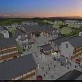 Traditional Commercial Street With Sunset Mountain Views Classic Tile Roofs Plaza Pedestrians And Trees