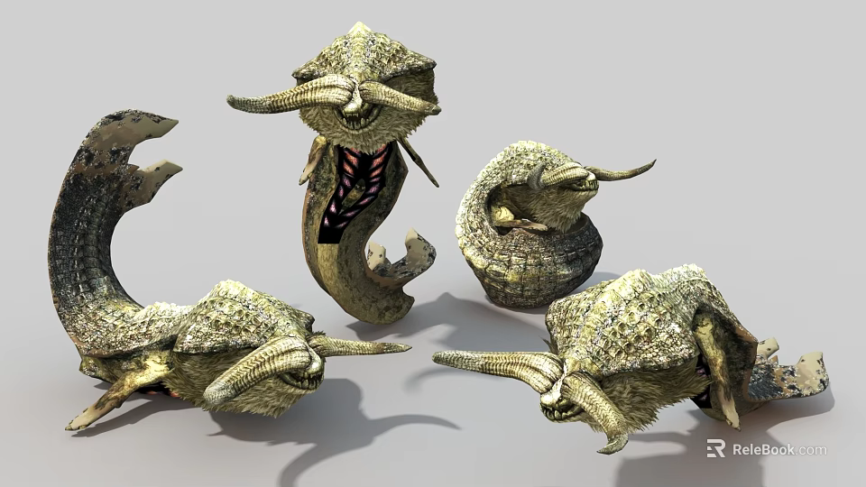 3D Rendered Fantasy Sci-Fi Monster Characters with Long Horns Scaly Skin and Twisted Bodies 3d model 