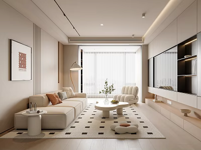 Modern Living Room Interior With Beige Sofa Round Coffee Table Floor Lamp And Decorative Rug 3d model