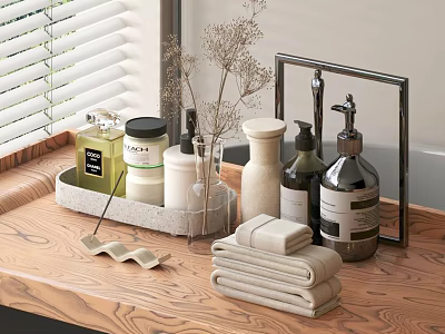 Toiletries on Tray with Bottles Towels and Dried Flowers on Wooden Countertop near Window Blinds 3d model