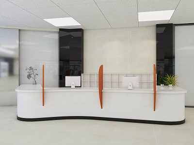 Modern Hospital Reception Desk Interior Design With White Countertop Computer And Decorative Plant 3d model
