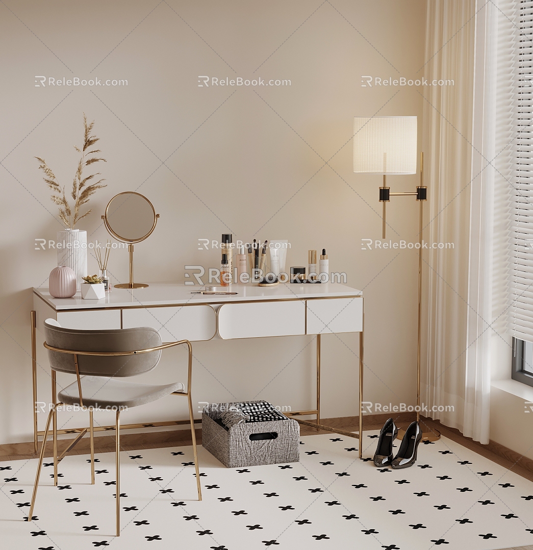 Cream Style Dressing Table Dressing Table Mirror Floor Lamp 3d model