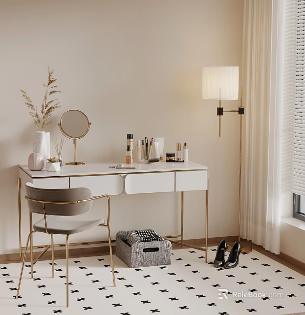 Modern Dressing Table With Gold Frame White Countertop Mirror Cosmetics Chair And Floor Lamp 3d model 