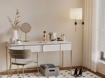 Modern Dressing Table With Gold Frame White Countertop Mirror Cosmetics Chair And Floor Lamp 3d model