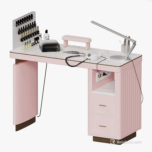 Pink Dressing Table With Marble Countertop Cosmetics Table Lamp And Drawers 3d model 