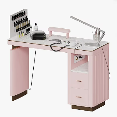Pink Dressing Table With Marble Countertop Cosmetics Table Lamp And Drawers 3d model
