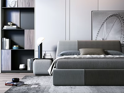 Modern Bedroom With Gray Double Bed Nightstand Table Lamp Bookshelf And Wall Art Painting 3d model