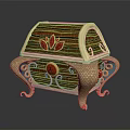 Ornate Display Cabinet Shelf With Wooden Panel Red Floral Motifs Gold Framing And Gemstone Embellishments