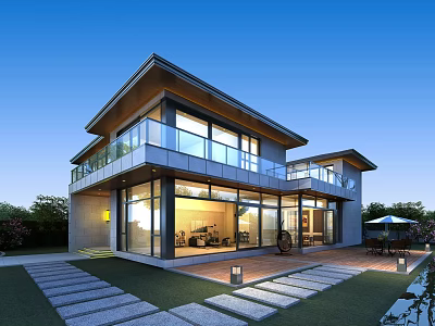 Modern Detached Villa With Large Glass Windows Balcony And Courtyard Stone Pathway Lawn 3d model