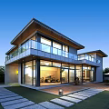 Modern Detached Villa With Large Glass Windows Balcony And Courtyard Stone Pathway Lawn