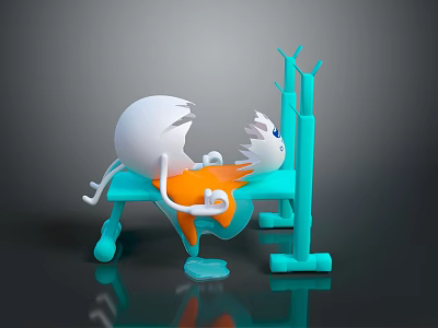 White Cartoon Character Lying On Blue Bench With Orange Cloth And Green Branch Stand 3d model